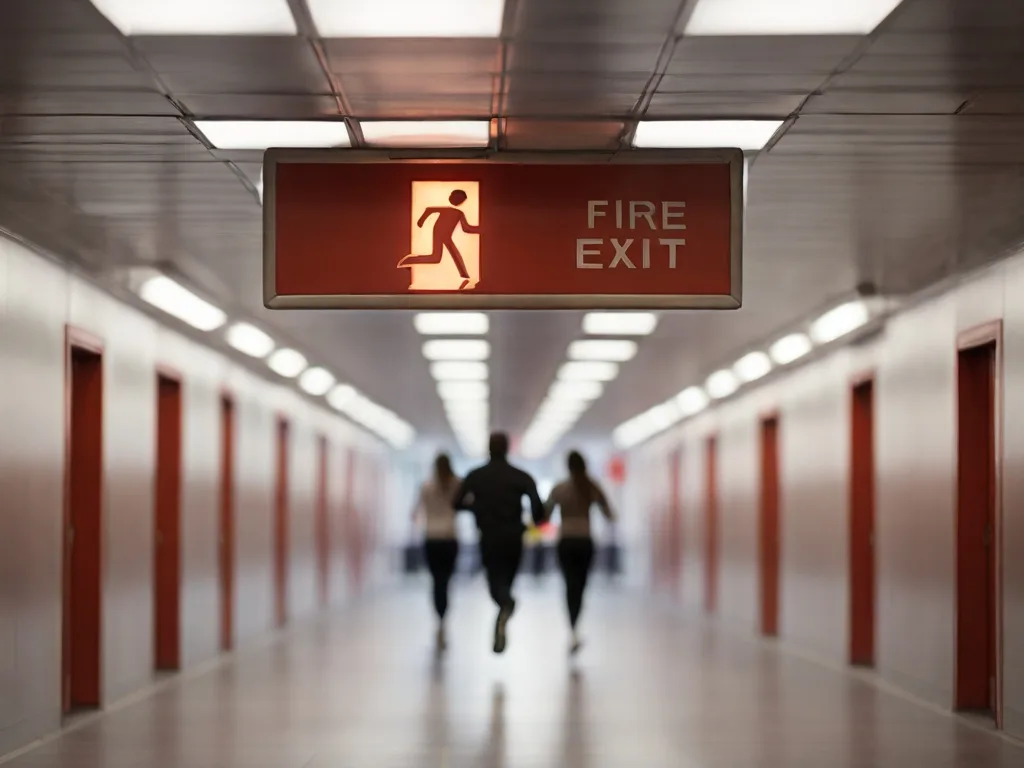 Default People running towards a fire exit the fire exit sign 0